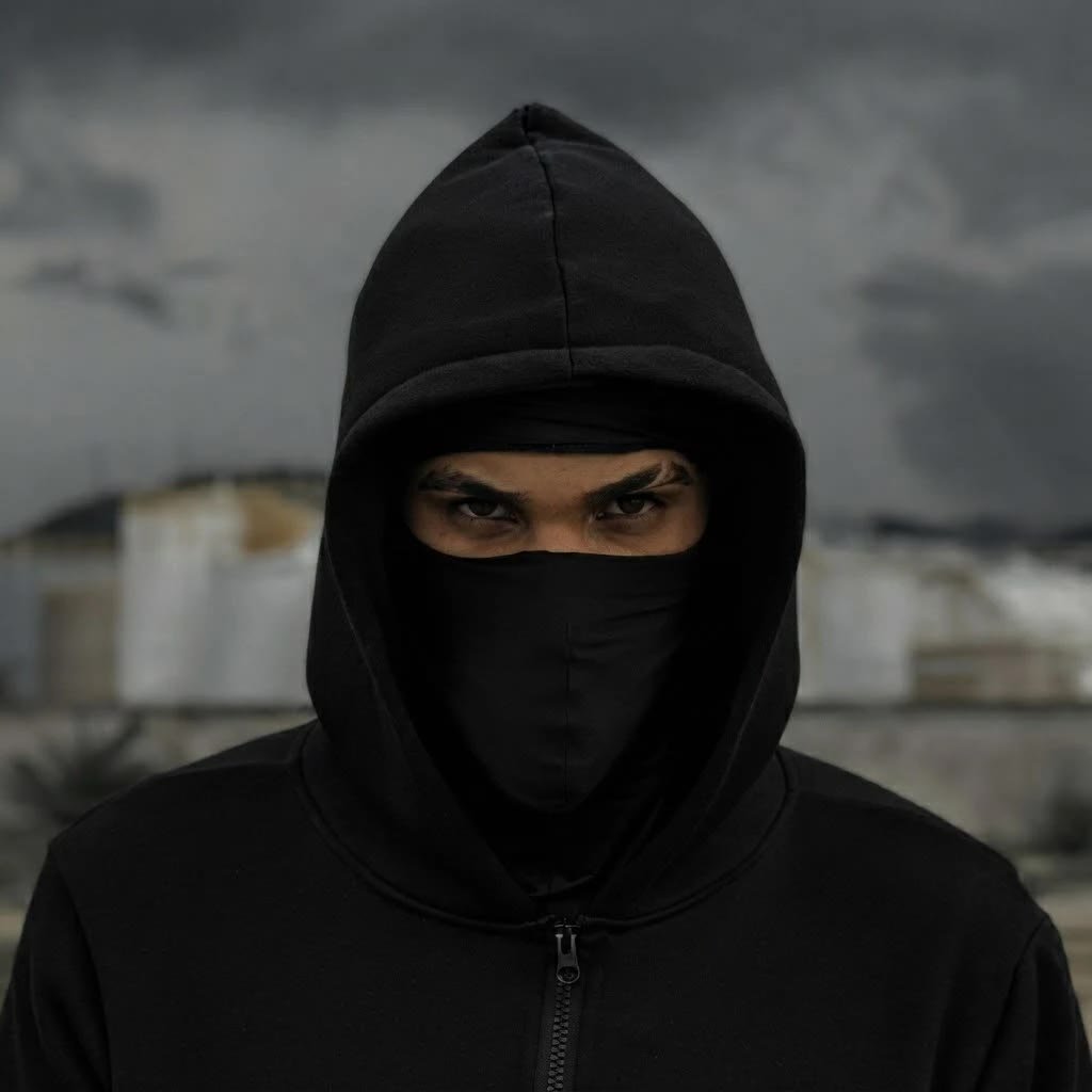 Balaclava hood zipped up, with an eye opening
